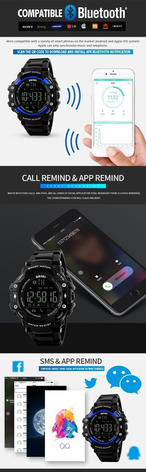 SKMEI 1226 Waterproof  Alarm Bluetooth Sports Watch